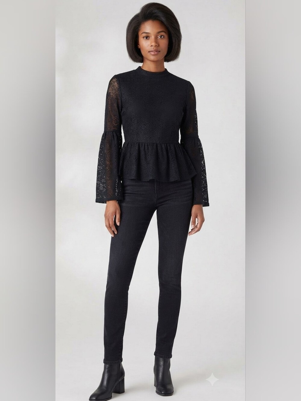 NWOT Wrangler Retro Black Lace Peplum Top Mock Neck Bell Sleeve Medium M